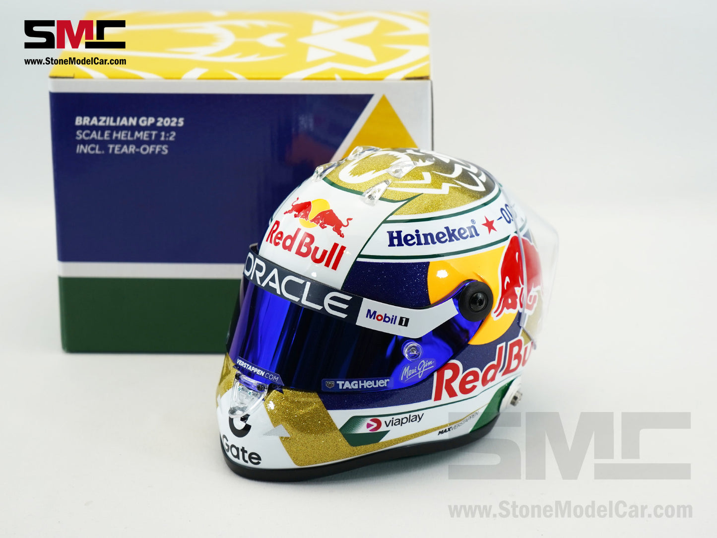 Red Bull F1 RB21 #1 Max Verstappen Brazil GP 2025 Special Livery Schuberth 1:2 Miniature Helmet