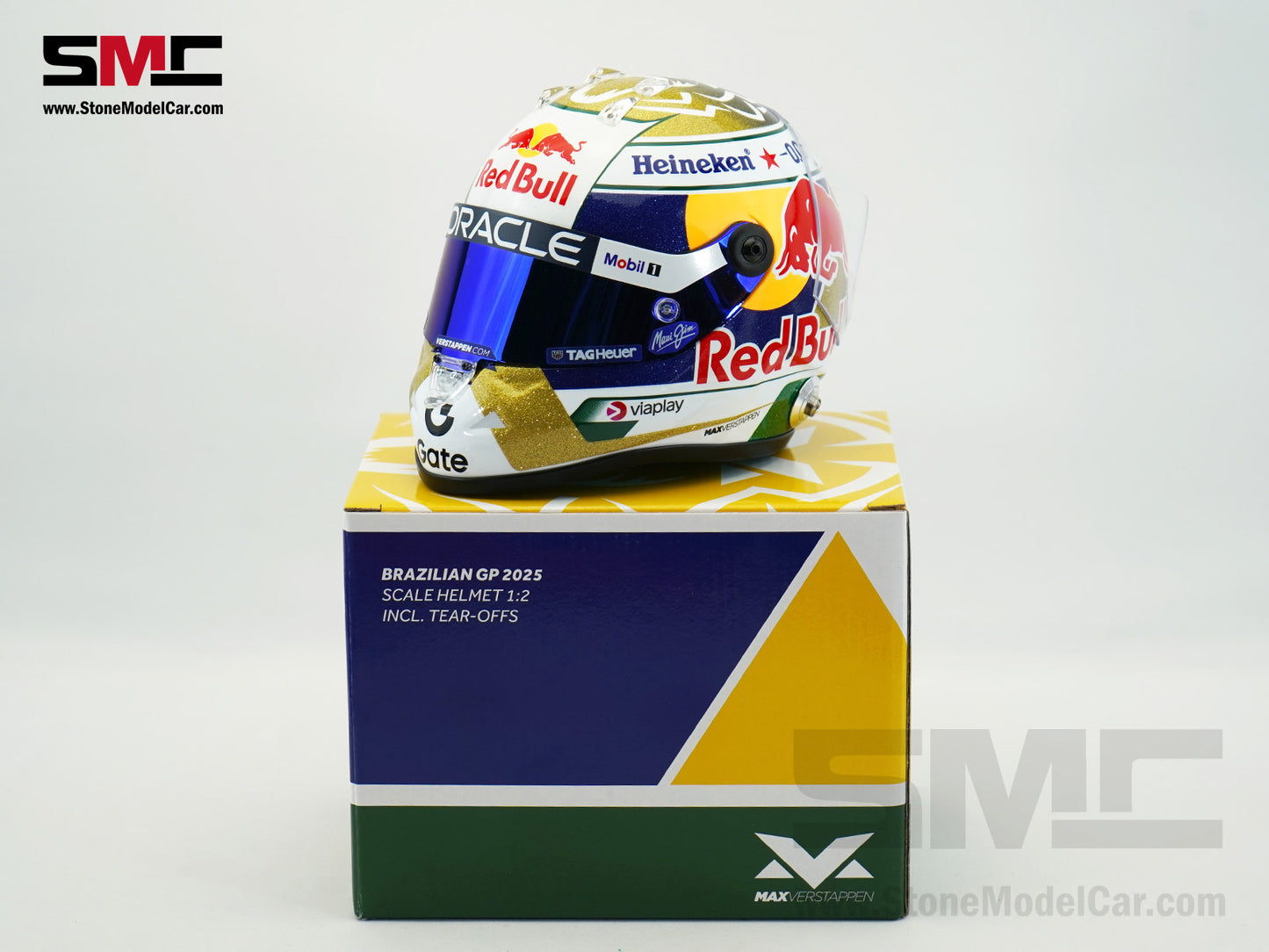 Red Bull F1 RB21 #1 Max Verstappen Brazil GP 2025 Special Livery Schuberth 1:2 Miniature Helmet