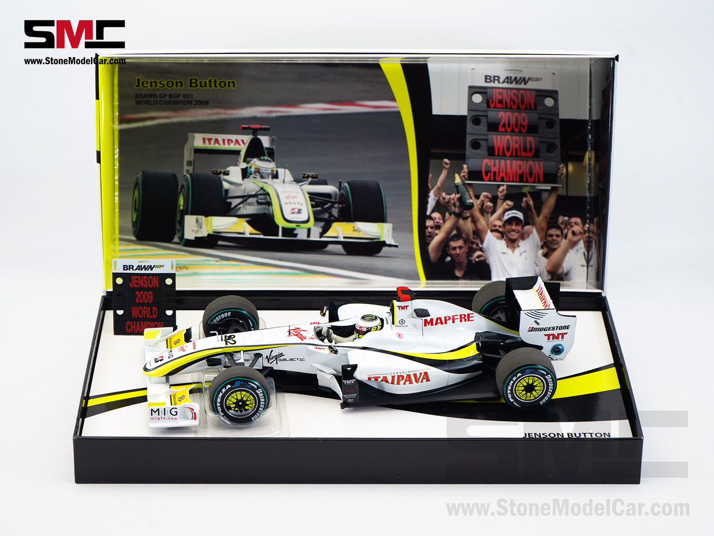 Brawn GP Mercedes F1 BGP001 #22 Jenson Button Brazil GP 2009 World Champion 1:18 MINICHAMPS Gift Box