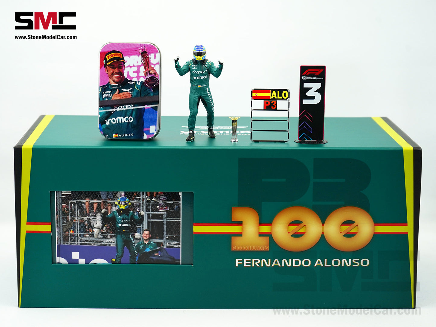 Aston Martin F1 AMR23 #14 Fernando Alonso Saudi Arabian GP 100th Career Podium 2023 1:18 Spark Figure Edition