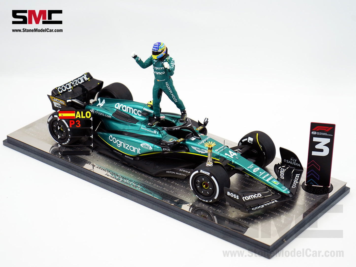 Aston Martin F1 AMR23 #14 Fernando Alonso Saudi Arabian GP 100th Career Podium 2023 1:18 Spark Figure Edition
