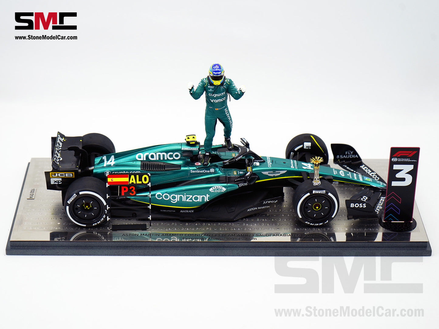 Aston Martin F1 AMR23 #14 Fernando Alonso Saudi Arabian GP 100th Career Podium 2023 1:18 Spark Figure Edition