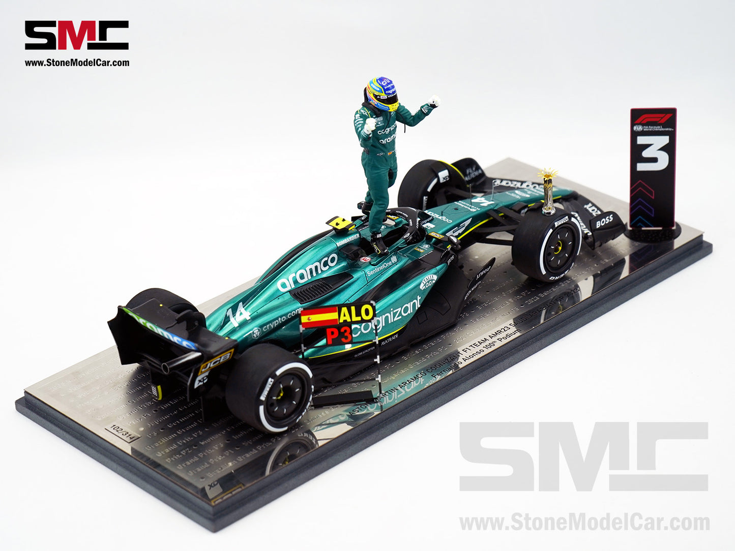 Aston Martin F1 AMR23 #14 Fernando Alonso Saudi Arabian GP 100th Career Podium 2023 1:18 Spark Figure Edition