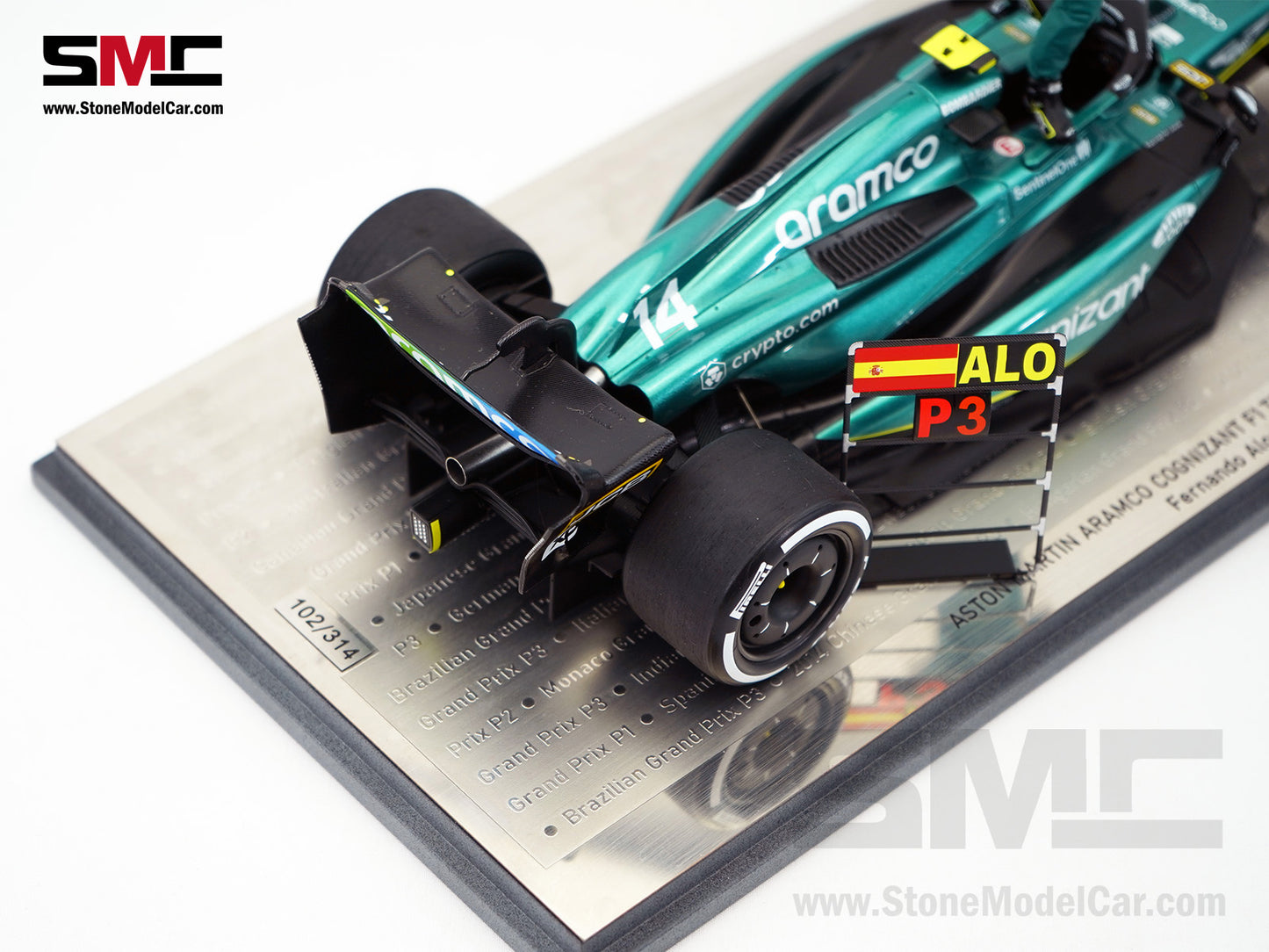 Aston Martin F1 AMR23 #14 Fernando Alonso Saudi Arabian GP 100th Career Podium 2023 1:18 Spark Figure Edition