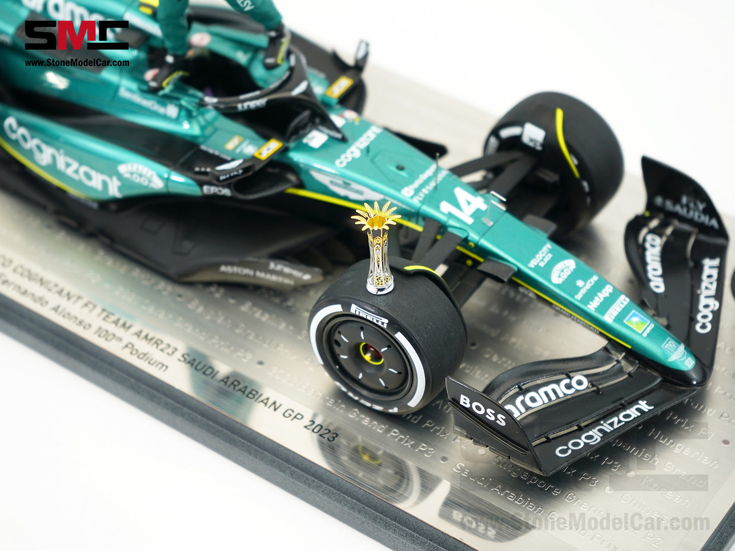 Aston Martin F1 AMR23 #14 Fernando Alonso Saudi Arabian GP 100th Career Podium 2023 1:18 Spark Figure Edition