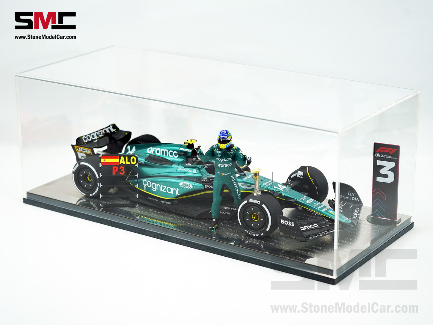 Aston Martin F1 AMR23 #14 Fernando Alonso Saudi Arabian GP 100th Career Podium 2023 1:18 Spark Figure Edition