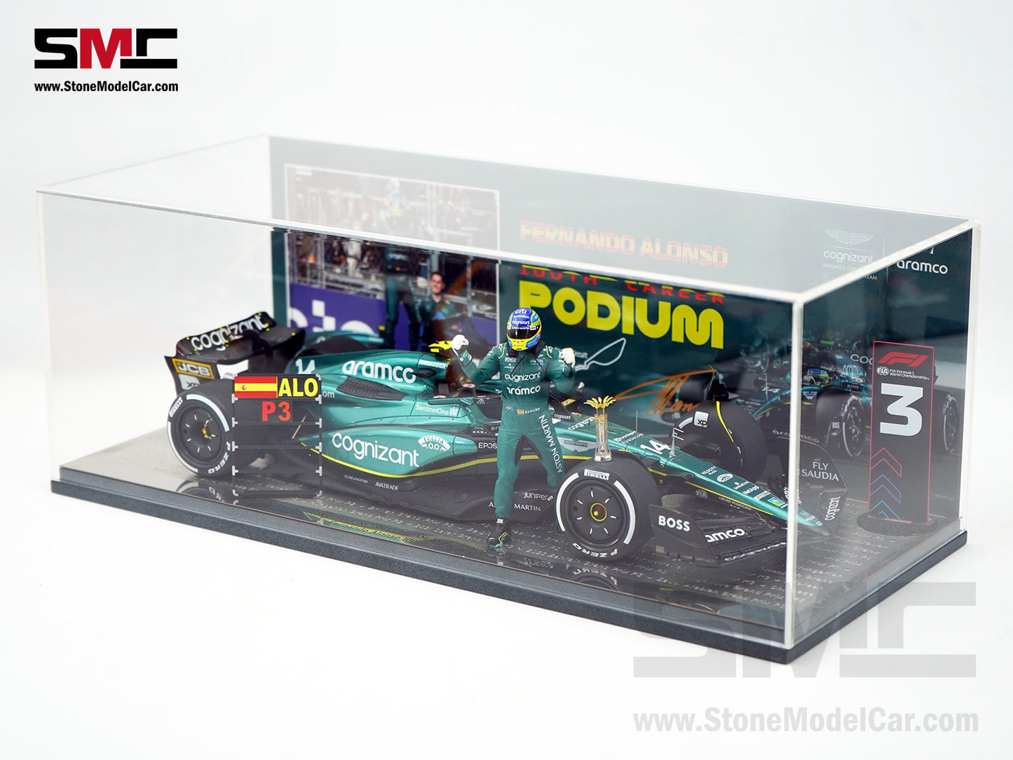 Aston Martin F1 AMR23 #14 Fernando Alonso Saudi Arabian GP 100th Career Podium 2023 1:18 Spark Figure Edition