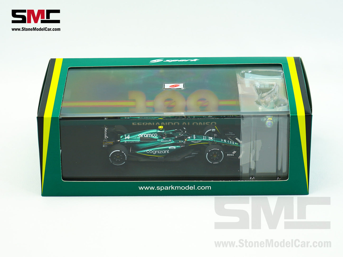 Aston Martin F1 AMR23 #14 Fernando Alonso Saudi Arabian GP 100th Career Podium 2023 1:43 Spark Figure Edition