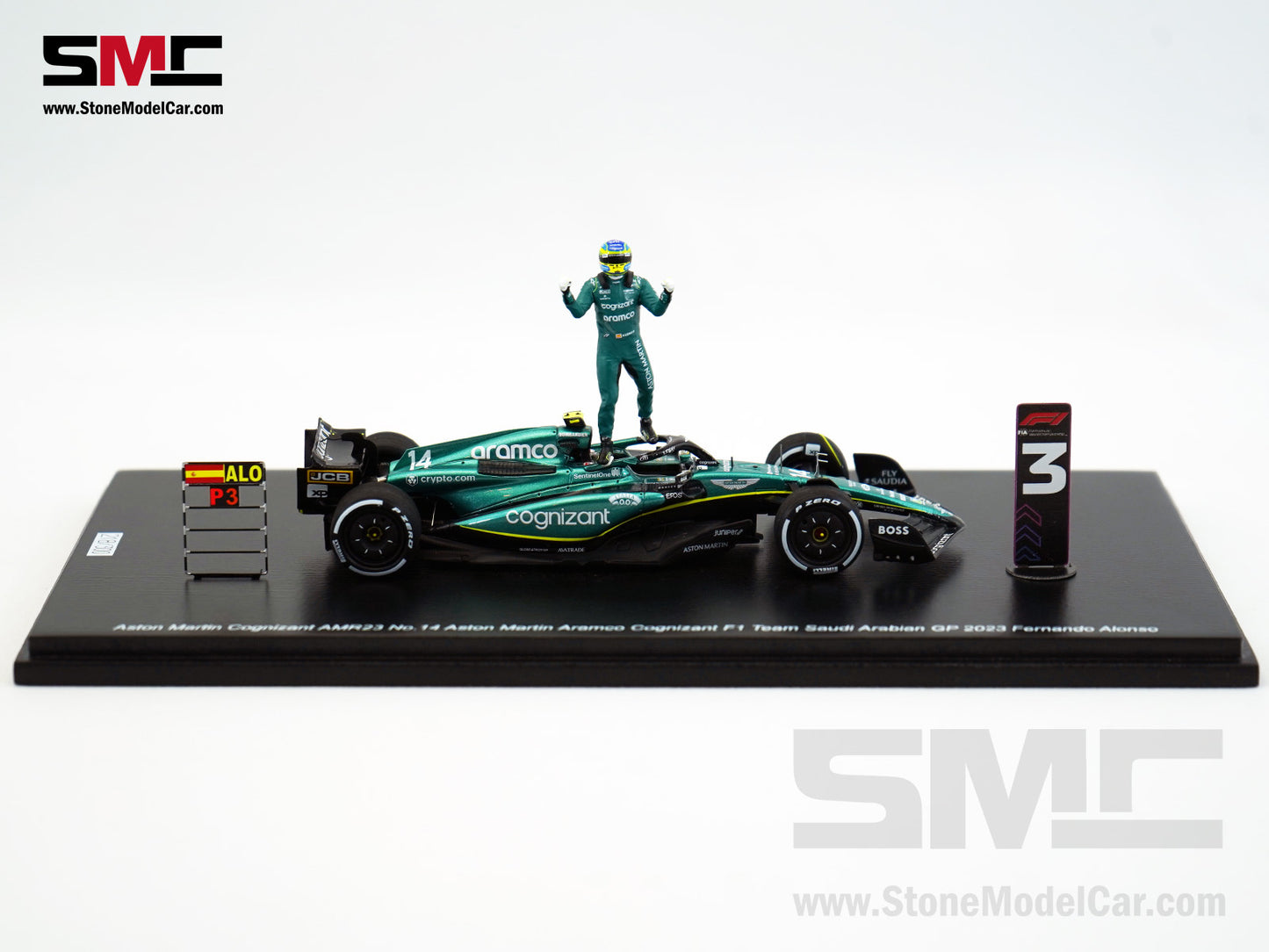 Aston Martin F1 AMR23 #14 Fernando Alonso Saudi Arabian GP 100th Career Podium 2023 1:43 Spark Figure Edition