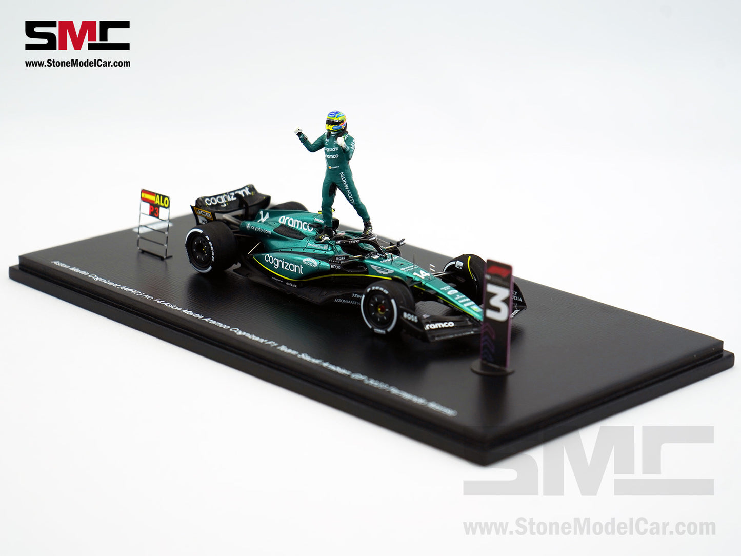 Aston Martin F1 AMR23 #14 Fernando Alonso Saudi Arabian GP 100th Career Podium 2023 1:43 Spark Figure Edition
