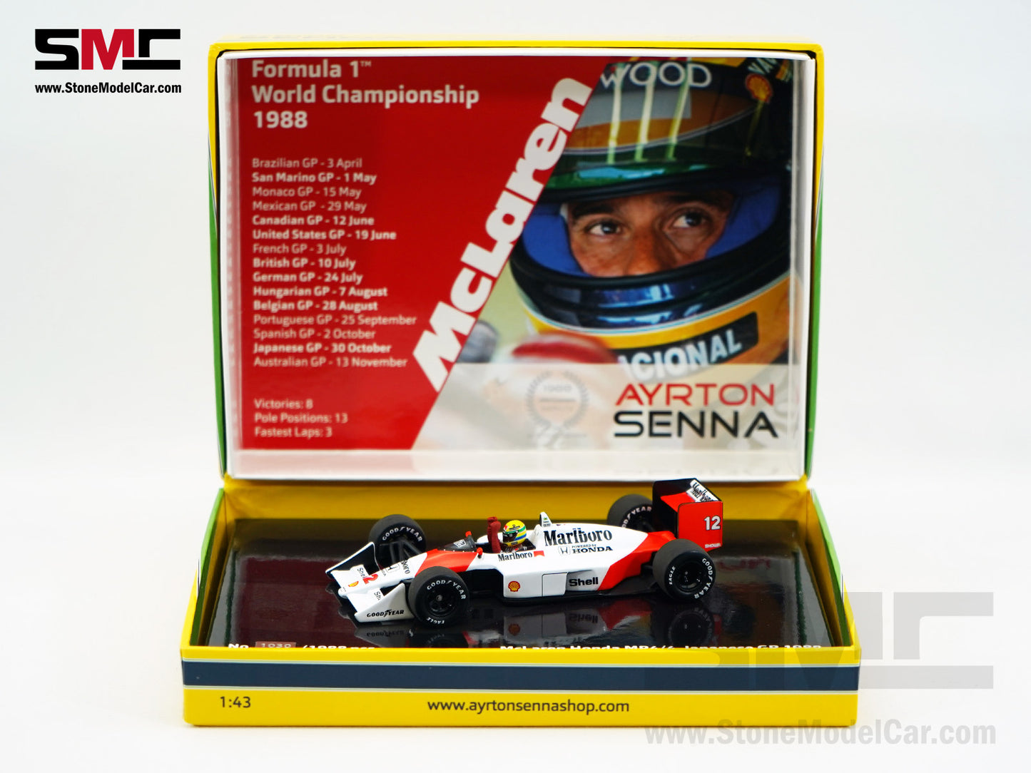 Mclaren F1 MP4/4 Ayrton Senna Japan 1988 World Champion 1:43 MINICHAMPS with Decal