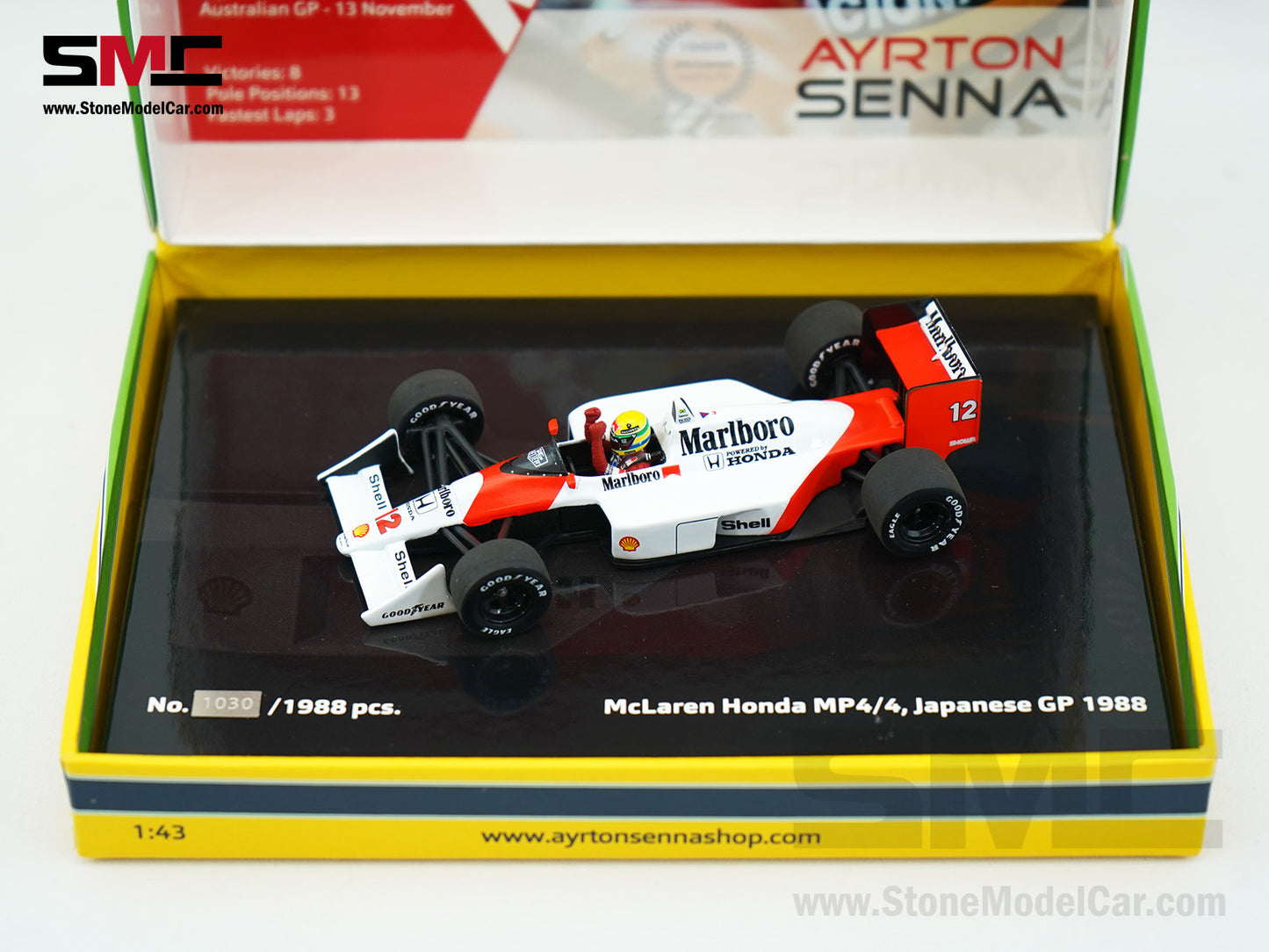 Mclaren F1 MP4/4 Ayrton Senna Japan 1988 World Champion 1:43 MINICHAMPS with Decal