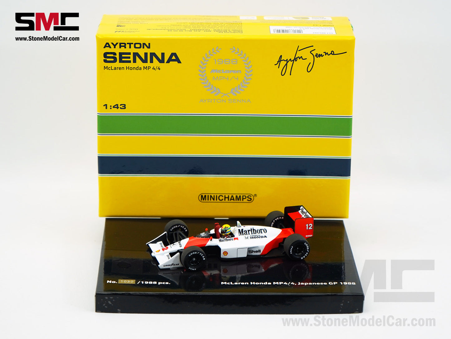 Mclaren F1 MP4/4 Ayrton Senna Japan 1988 World Champion 1:43 MINICHAMPS with Decal