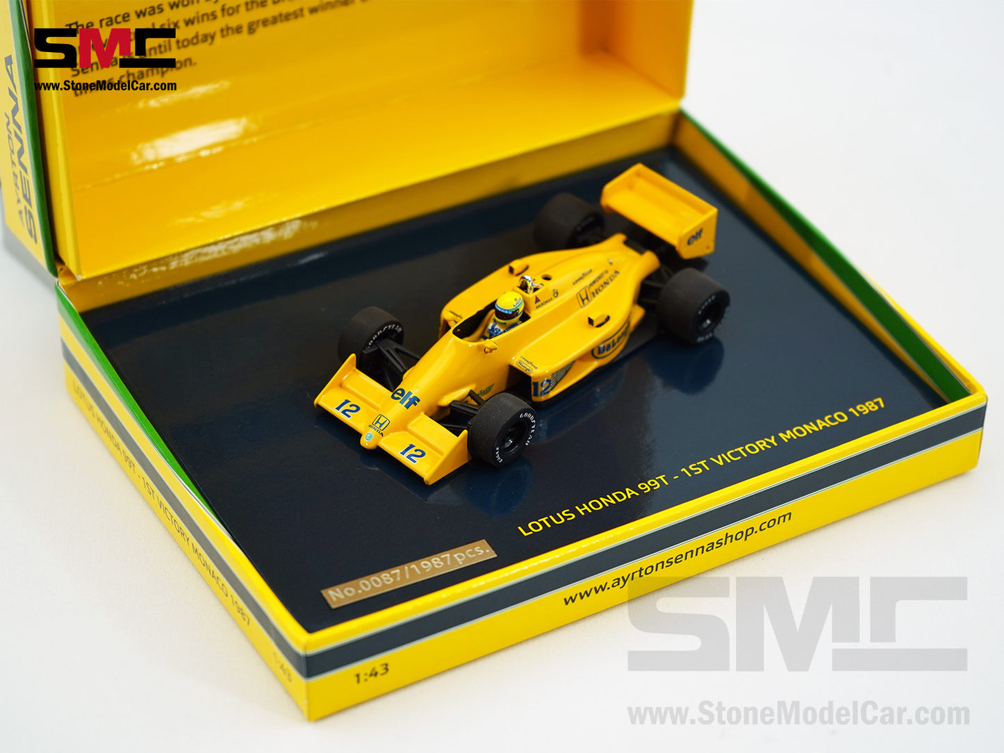 Lotus Honda F1 99T #12 Ayrton Senna Monaco GP Winner 1987 1:43 MINICHAMPS Gift Box