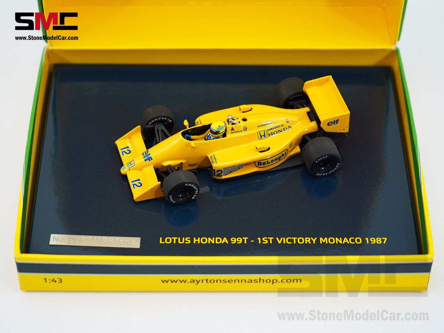 Lotus Honda F1 99T #12 Ayrton Senna Monaco GP Winner 1987 1:43 MINICHAMPS Gift Box