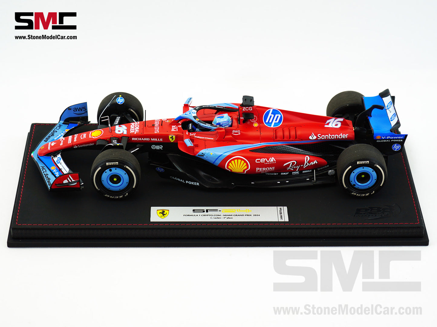Ferrari F1 SF-24 #16 Charles Leclerc USA Miami GP 2024 BBR 1:18 with Leather Base