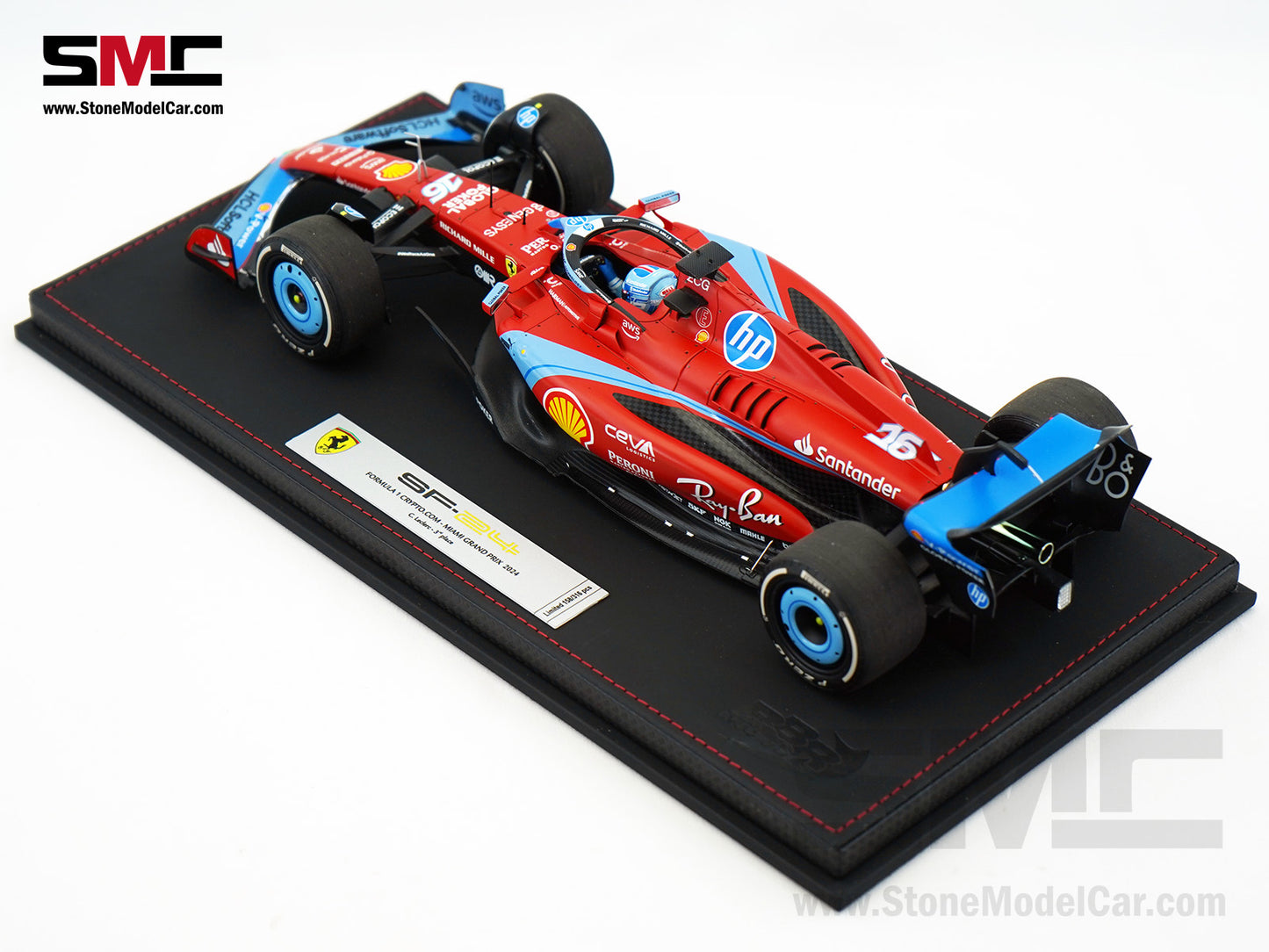 Ferrari F1 SF-24 #16 Charles Leclerc USA Miami GP 2024 BBR 1:18 with Leather Base