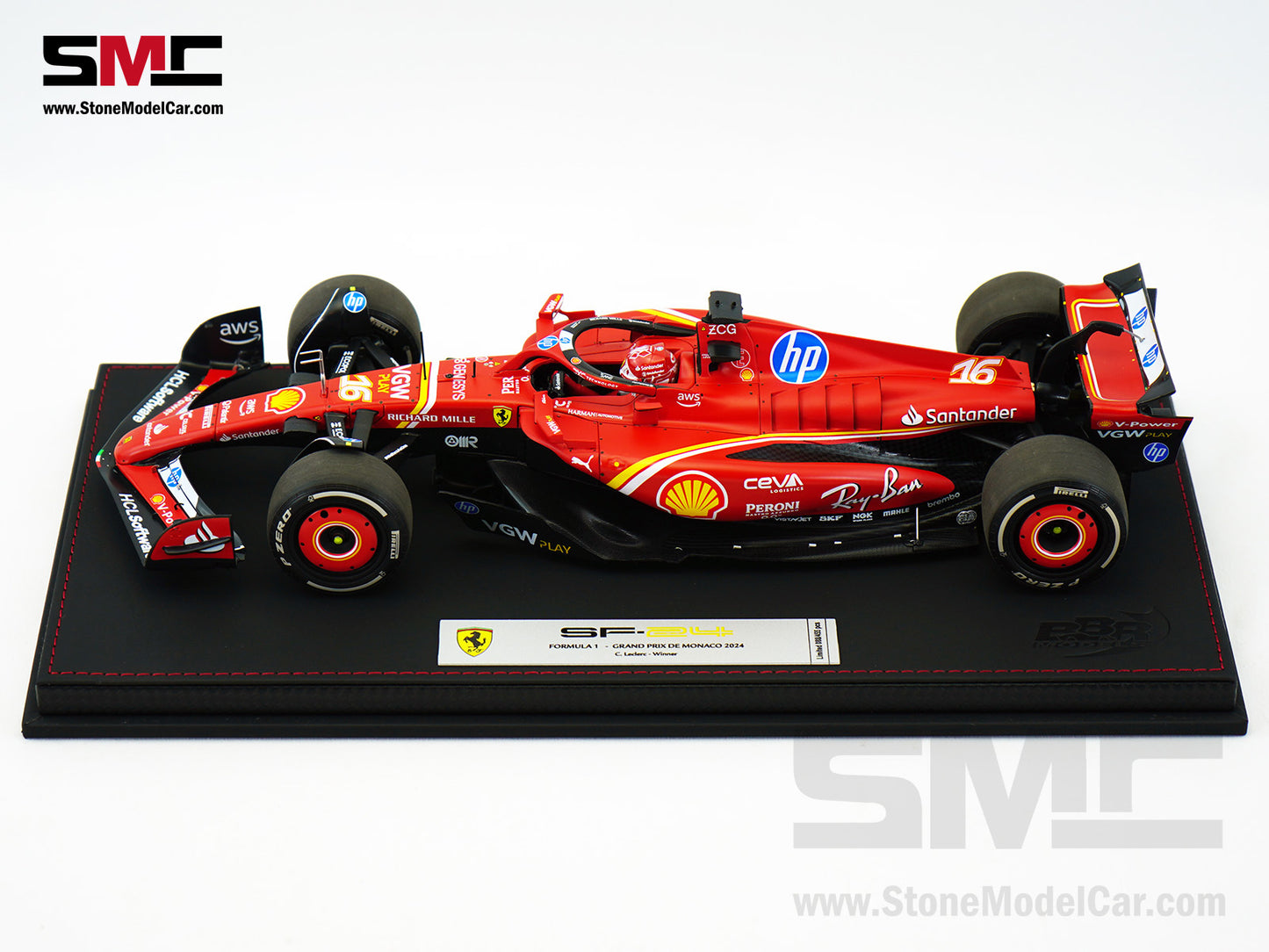Ferrari F1 SF-24 #16 Charles Leclerc Winner Monaco GP 2024 BBR 1:18 with Leather Base