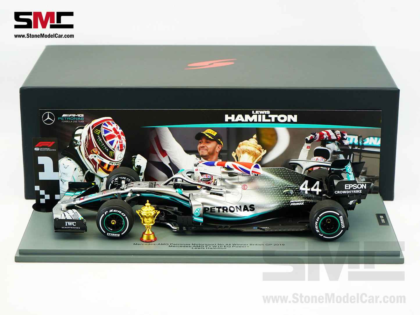 2019 6x World Champion Mercedes F1 W10 #44 Lewis Hamilton British GP Winner 1:18 Spark