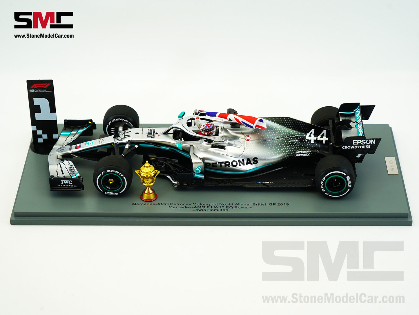 2019 6x World Champion Mercedes F1 W10 #44 Lewis Hamilton British GP Winner 1:18 Spark