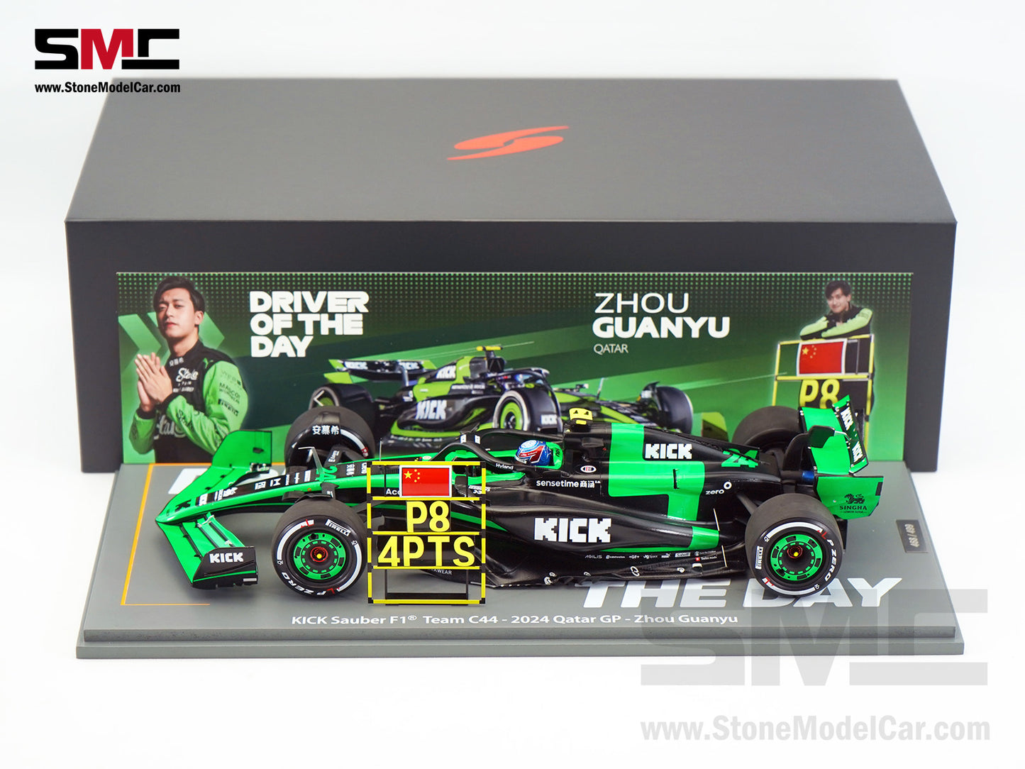 Stake F1 KICK Sauber C44 #24 Zhou Guanyu Qatar GP 2024 Driver of The Day Spark 1:18 Special Edition
