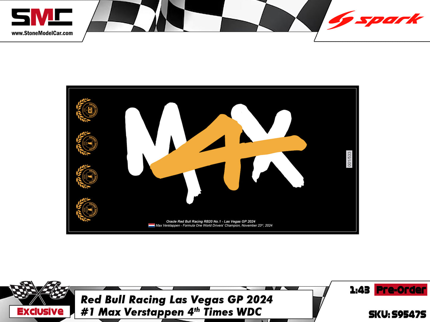 [Pre-Order] Red Bull RB20 #1 Max Verstappen Las Vegas GP 2024 F1 World Champion 1:43 Spark Figure Edition