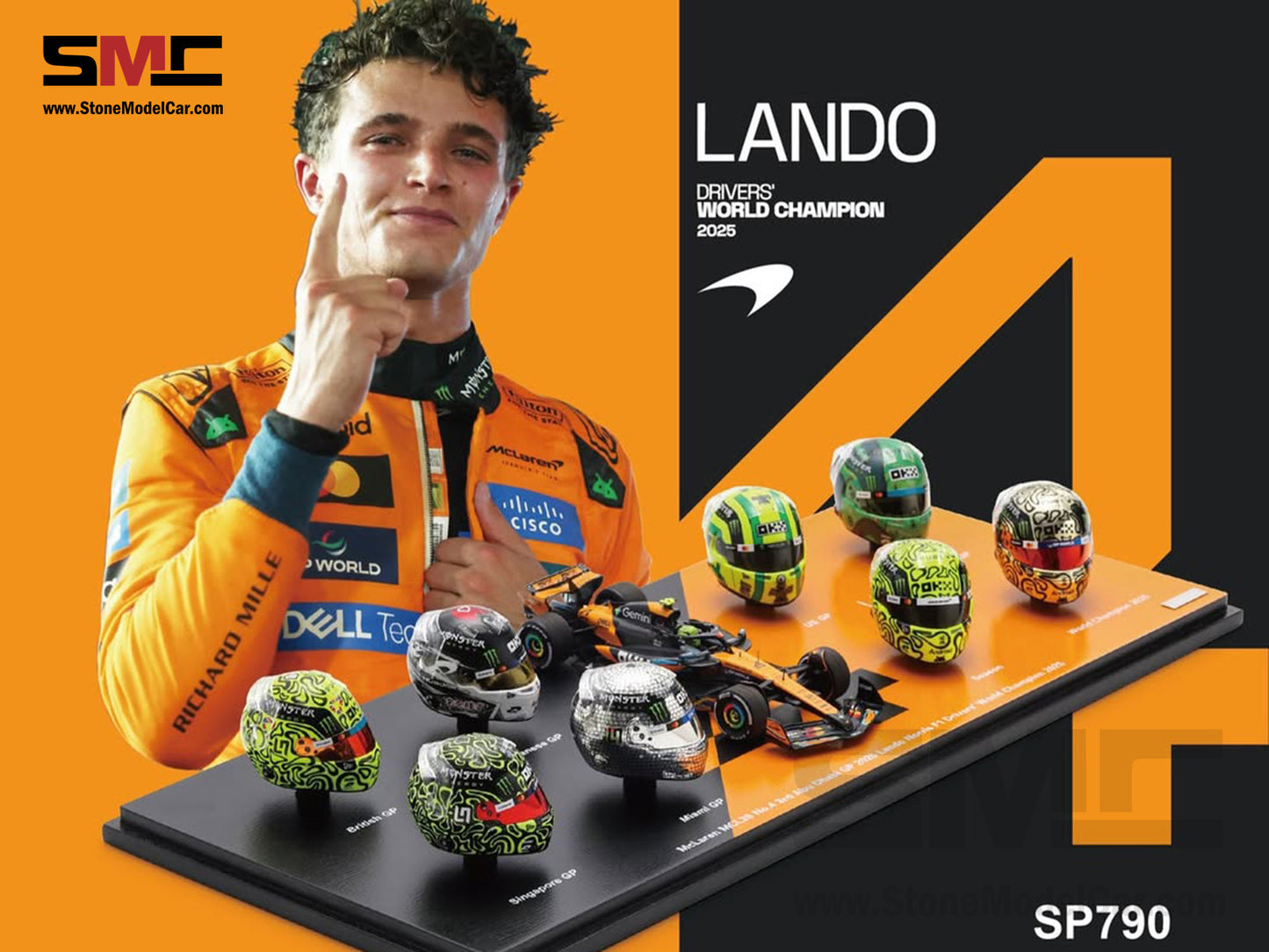[Pre-Order] McLaren F1 MCL39 #4 Lando Norris Abu Dhabi GP 2025 World Champion Spark 1:8 Helmets Set SP790