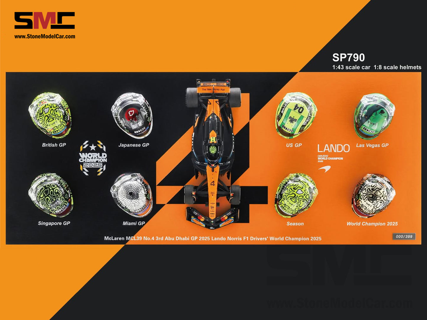 [Pre-Order] McLaren F1 MCL39 #4 Lando Norris Abu Dhabi GP 2025 World Champion Spark 1:8 Helmets Set SP790