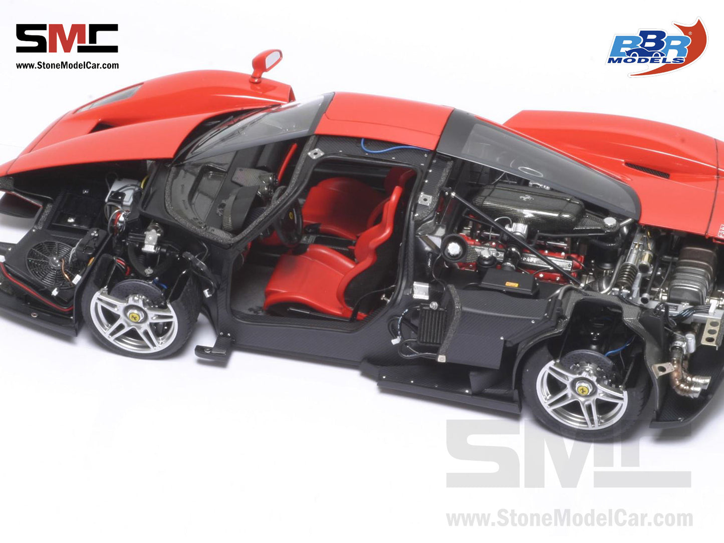 [Pre-Order] BBR High End Ferrari 1:18 Enzo Rosso Corsa 322 Silver Wheels Full Open with Leather Base