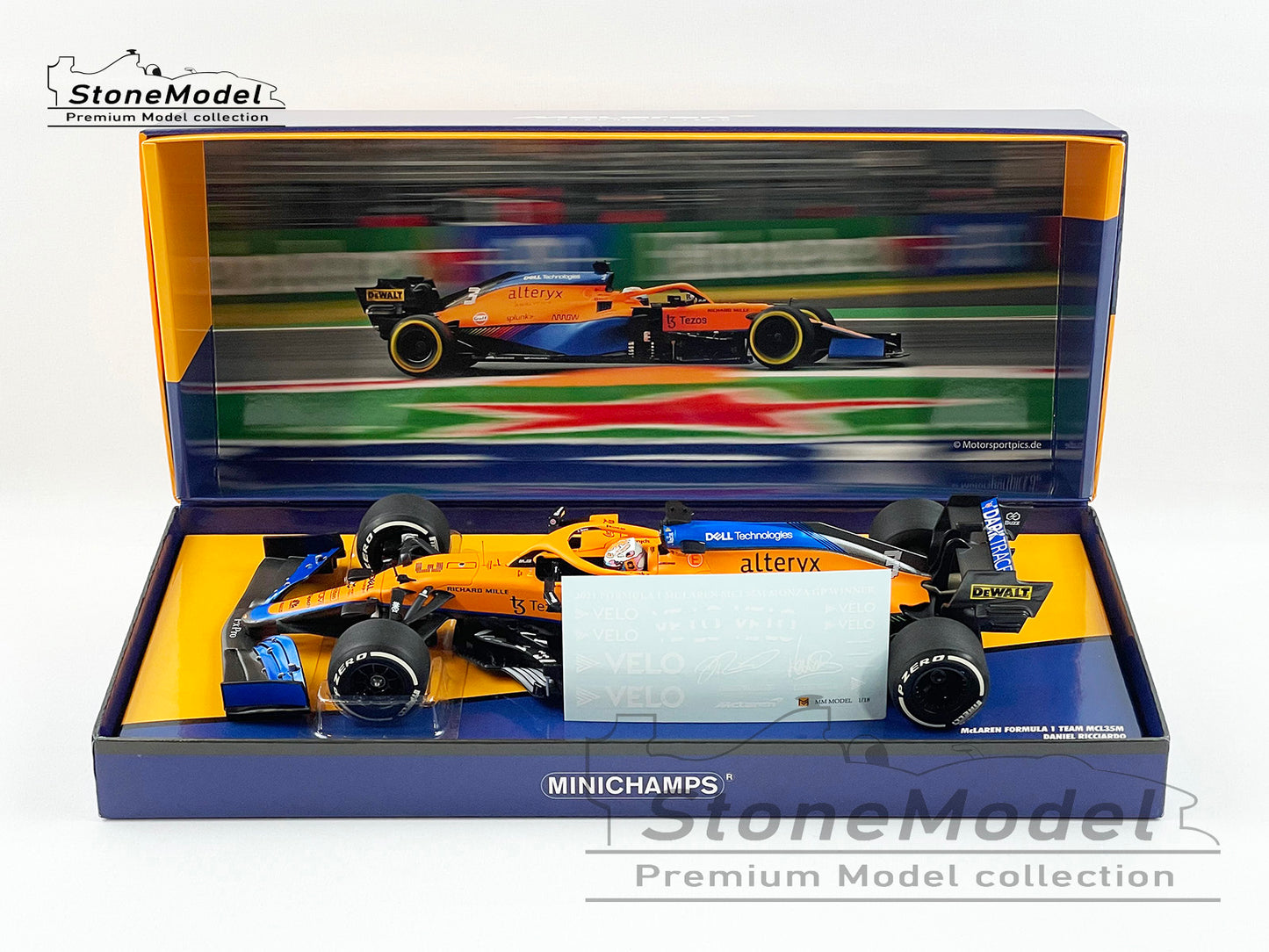 2021 Mclaren F1 MCL35M Daniel Ricciardo Italy GP Winner 1:18 MINICHAMPS + VELO Decal