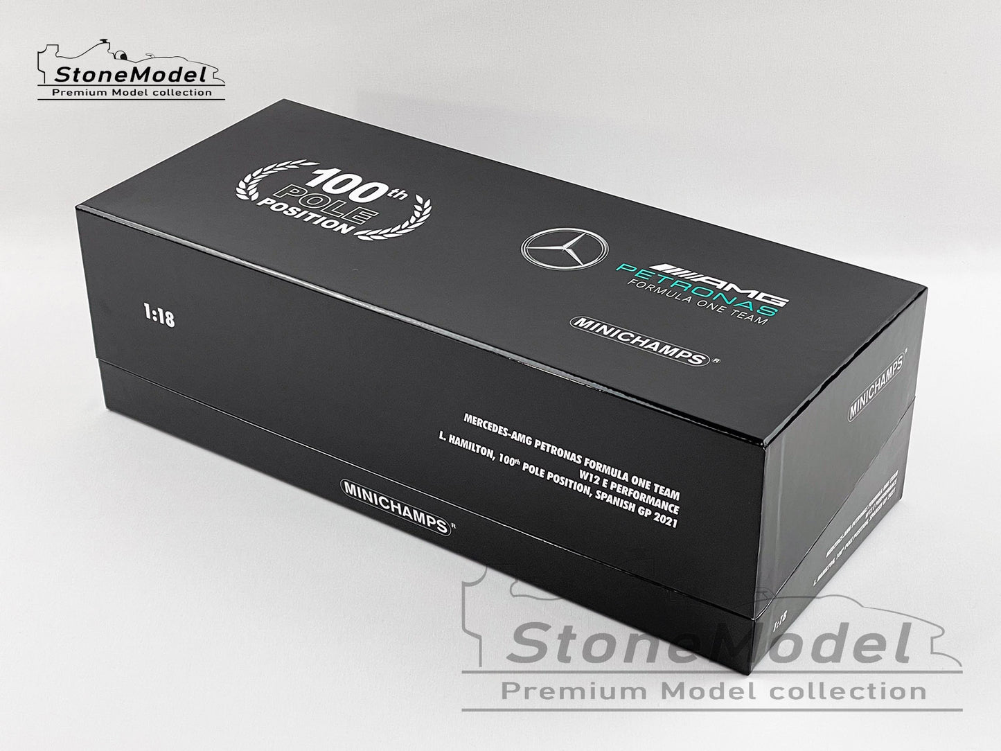 Mercedes AMG F1 W12 #44 Lewis Hamilton Spainish GP 2021 100th Pole 1:18 Minichamps Gift Box