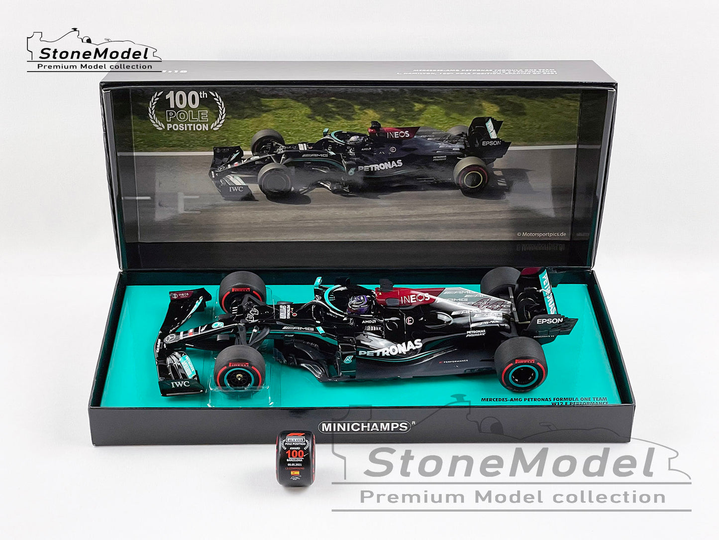 Mercedes AMG F1 W12 #44 Lewis Hamilton Spainish GP 2021 100th Pole 1:18 Minichamps Gift Box